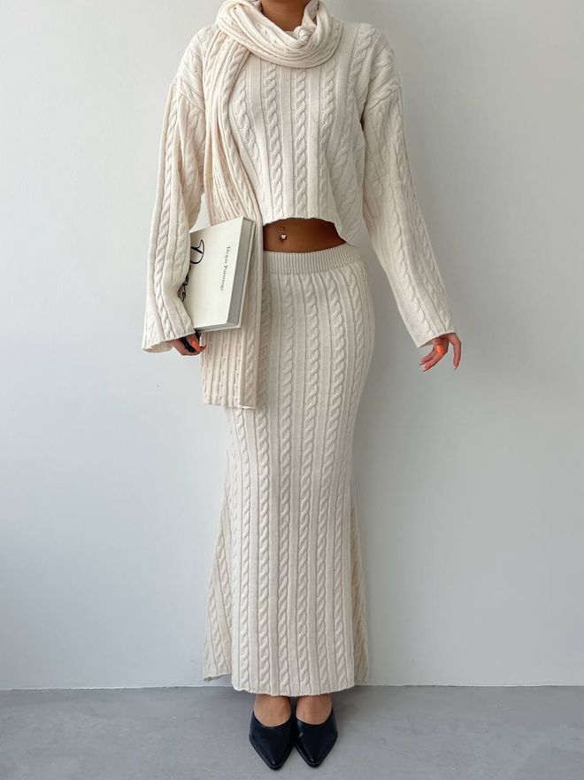 Laon Shawl Knitwear Set - Cream