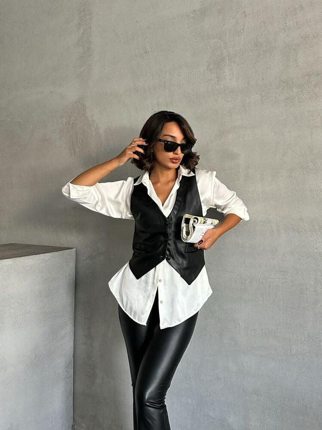 Buttoned Leather Vest - Black