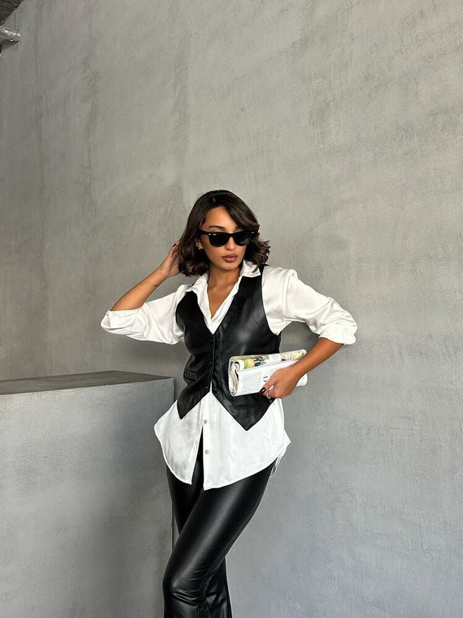 Buttoned Leather Vest - Black