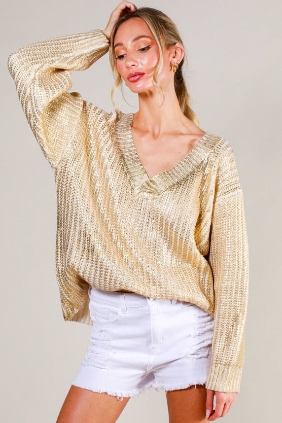 Metallic Gold V-Neck Knitted Sweater Top