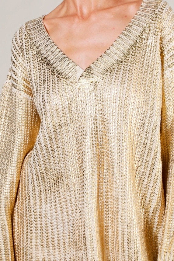 Metallic Gold V-Neck Knitted Sweater Top