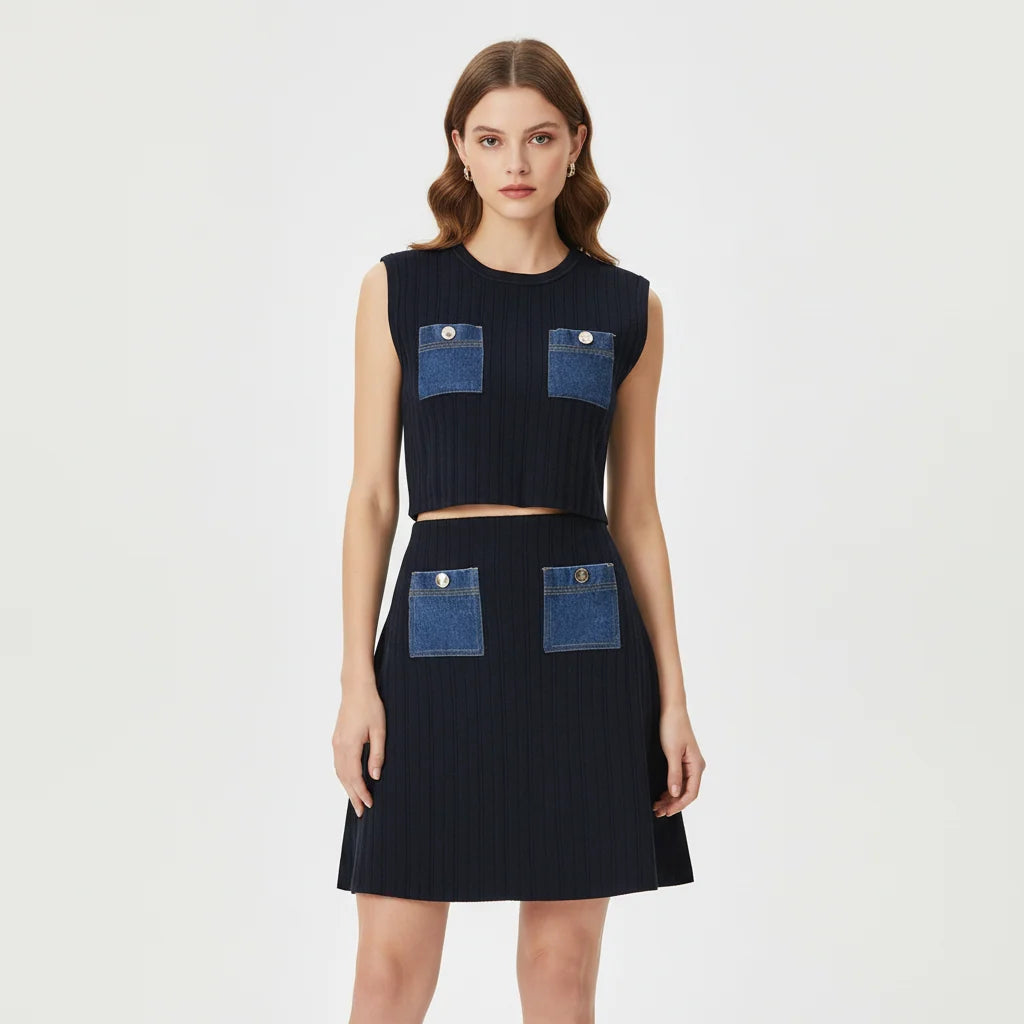 Navy Ribbed A-Line Mini Skirt with Denim Pockets