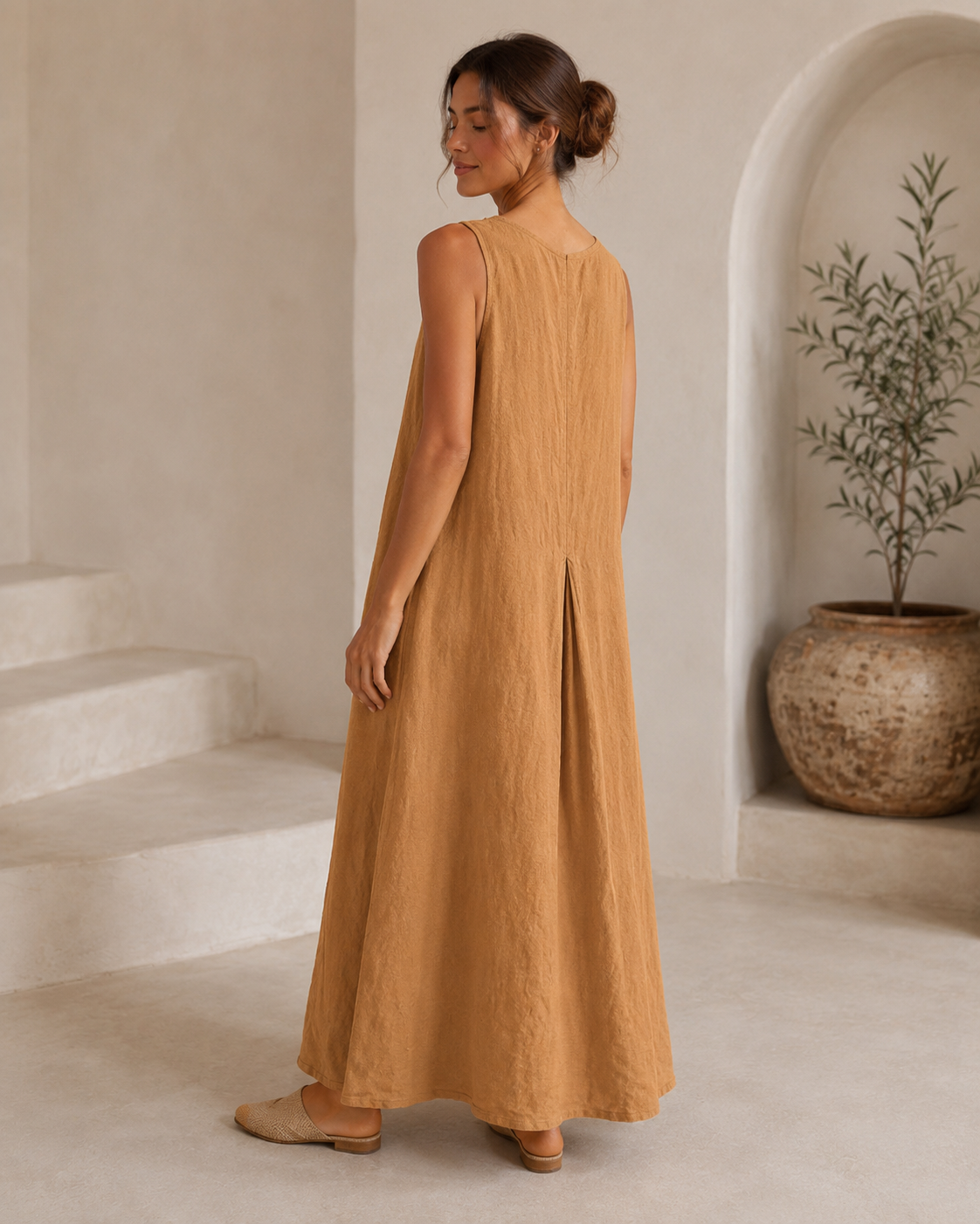 Camel Sleeveless Linen Maxi Dress