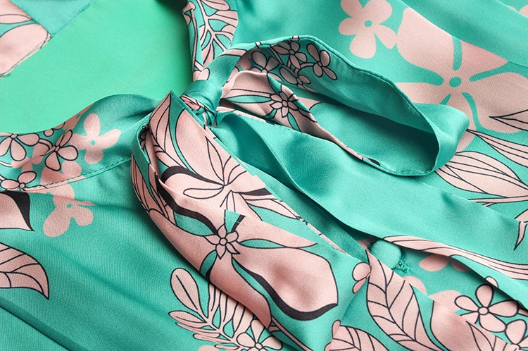 Green Floral Lantern-Sleeve Mid-Length Dress