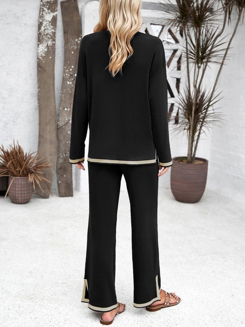 Black,Solid Color Knit Long Sleeve Sweater Pant Lounge Set