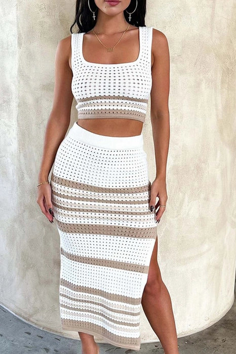 Sleeveless Tank Top Sexy Split Stripe Skirt SET