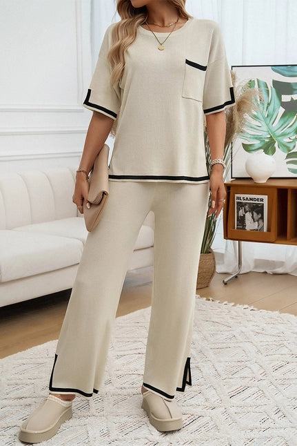 CONTRAST Color Shortsleeved Trousers Sweater Suit