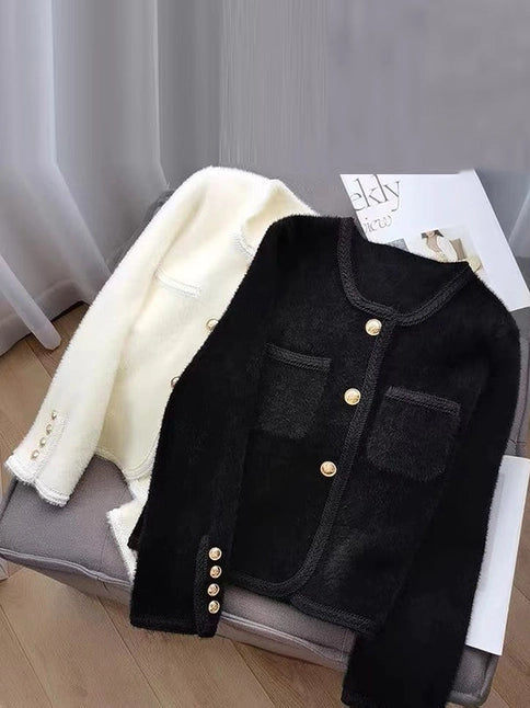Buttoned Velvet Long Sleeve Loose Cardigan