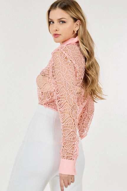 Collar Neck Long Sleeve Lace Top