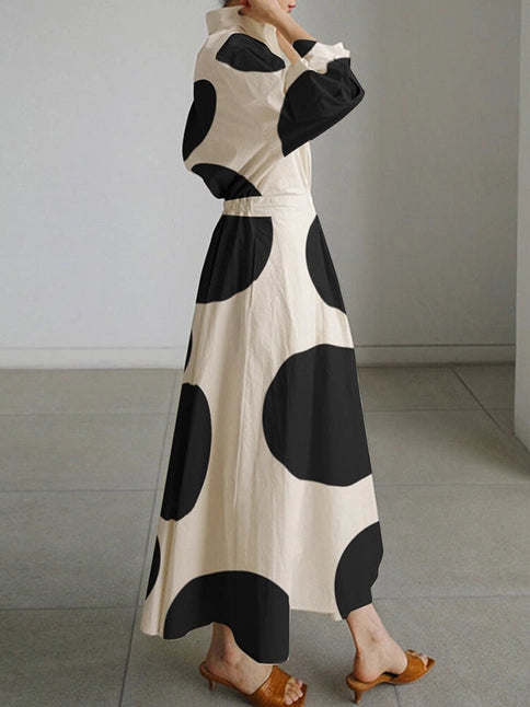 Long-Sleeve Loose Fit Polka Dot Shirt Dress with Contrast Color Accents and Tie-Waist Detail