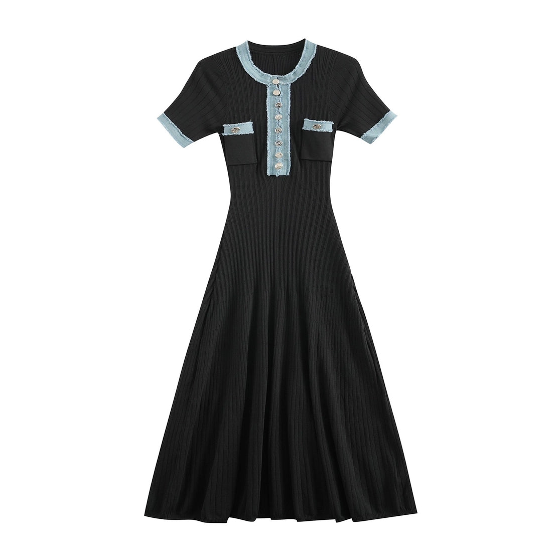 Short-Sleeved Knitted Dress with Denim Trim