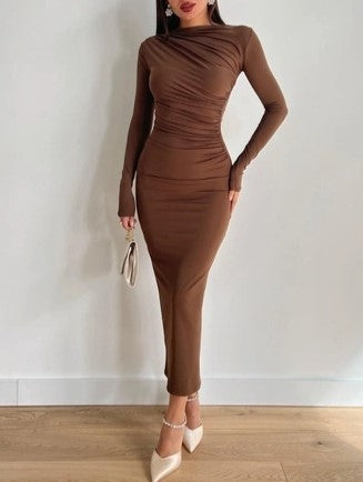Ruched Slim Long Sleeved Boat Neck Maxi Dress