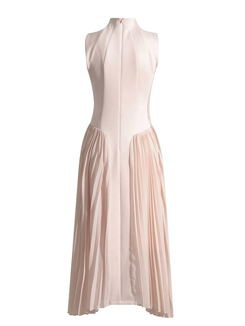 Stand Collar Sleeveless Waist Slimming Pleated Dress