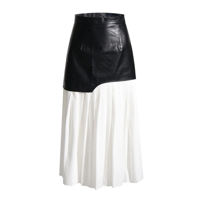 Chic Pu Leather & Pleat Contrast Midi Skirt