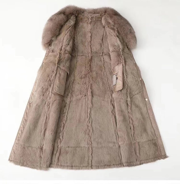 Elegant Mid-Length Faux Fur Coat with Fox Fur Collar