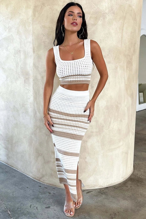 Sleeveless Tank Top Sexy Split Stripe Skirt SET