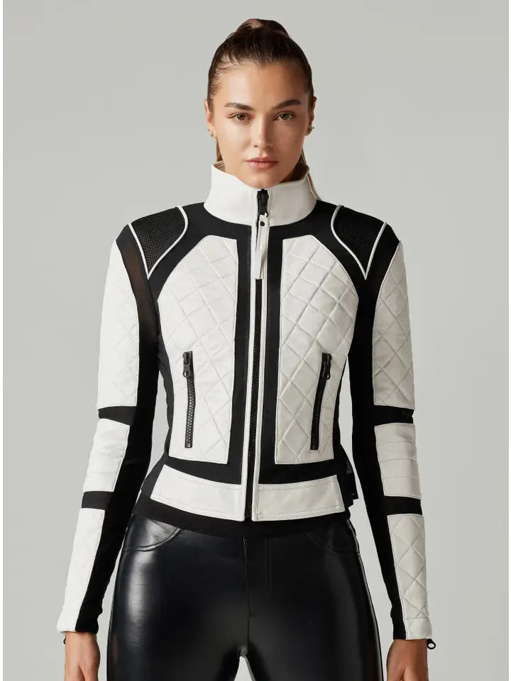 Leather Mesh Moto Jacket Black and White Colorblock