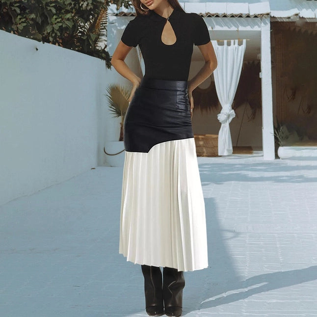 Chic Pu Leather & Pleat Contrast Midi Skirt