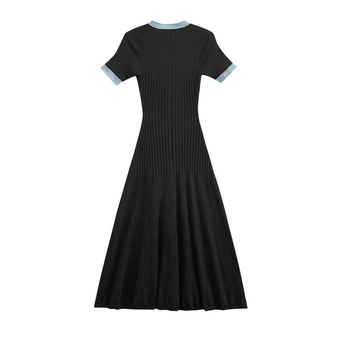 Short-Sleeved Knitted Dress with Denim Trim