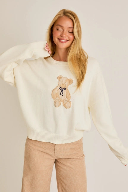 Long Sleeve Crew Neck Teddy Bear Graphic Sweater