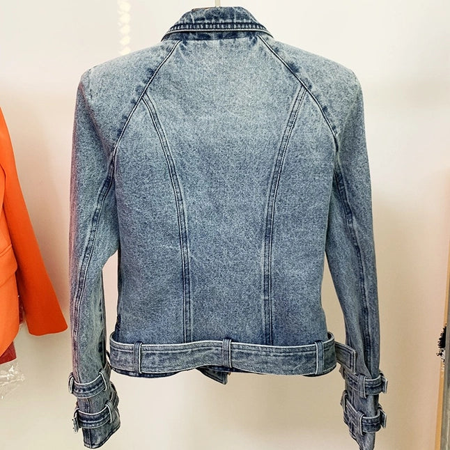Edgy Denim Biker Jacket with Diagonal Zipper
