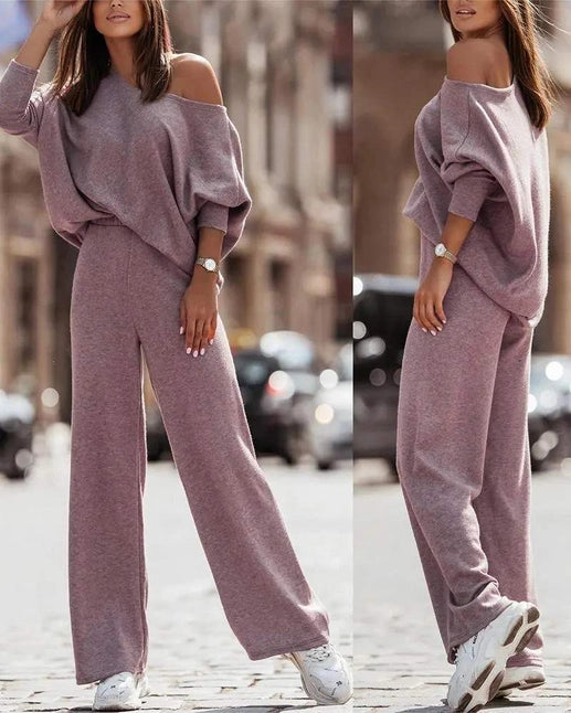 Skew Neck Top Straight Leg Pants Set