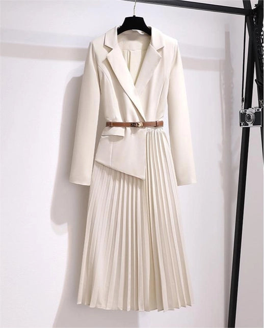 Women Blazer Pleated Dress with Genius Leatther Belt