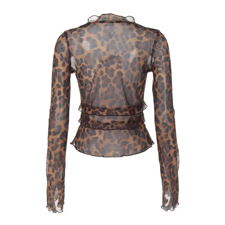 Leopard Print Mesh Ruffled Top