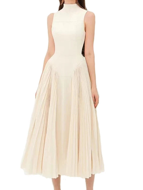 Stand Collar Sleeveless Waist Slimming Pleated Dress