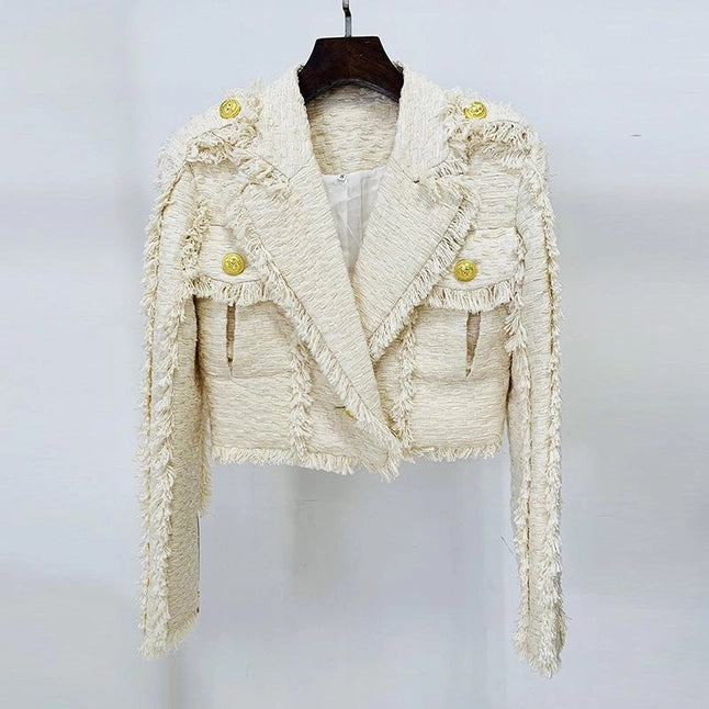 Beige Tweed Fringe Jacket & Skirt Two Piece Set