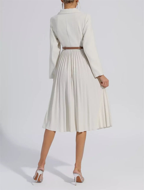 Women Blazer Pleated Dress with Genius Leatther Belt