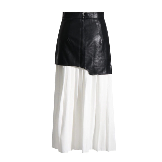 Chic Pu Leather & Pleat Contrast Midi Skirt