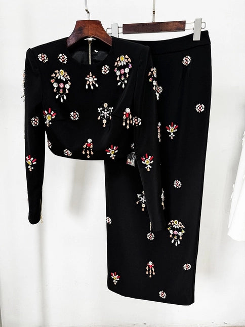 Beaded Diamond Top & Skirt Set - Elegant Evening Wear