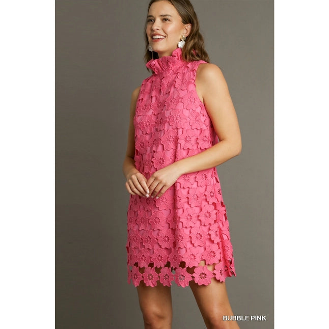 Floral Lace High Neck Sleeveless Dress W_bow Tie