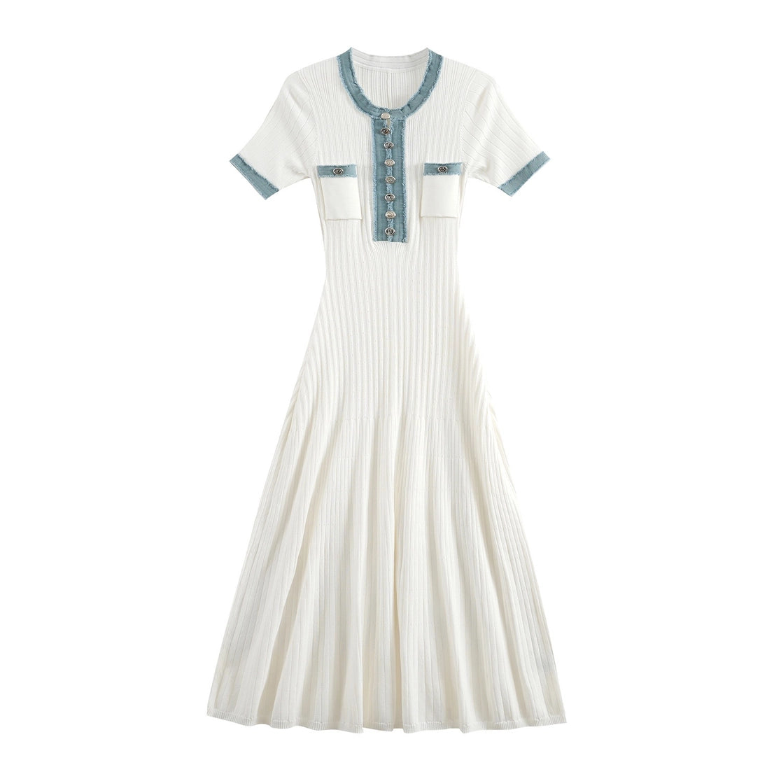 Short-Sleeved Knitted Dress with Denim Trim