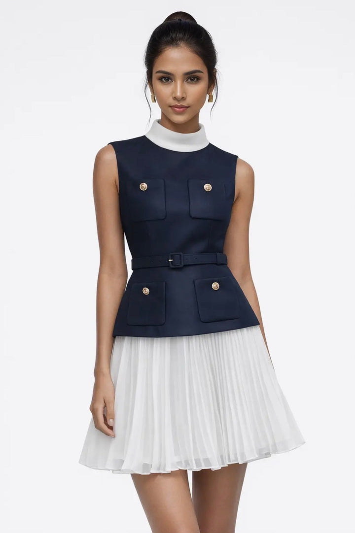 Navy & White Belted Pleated Mini Dress
