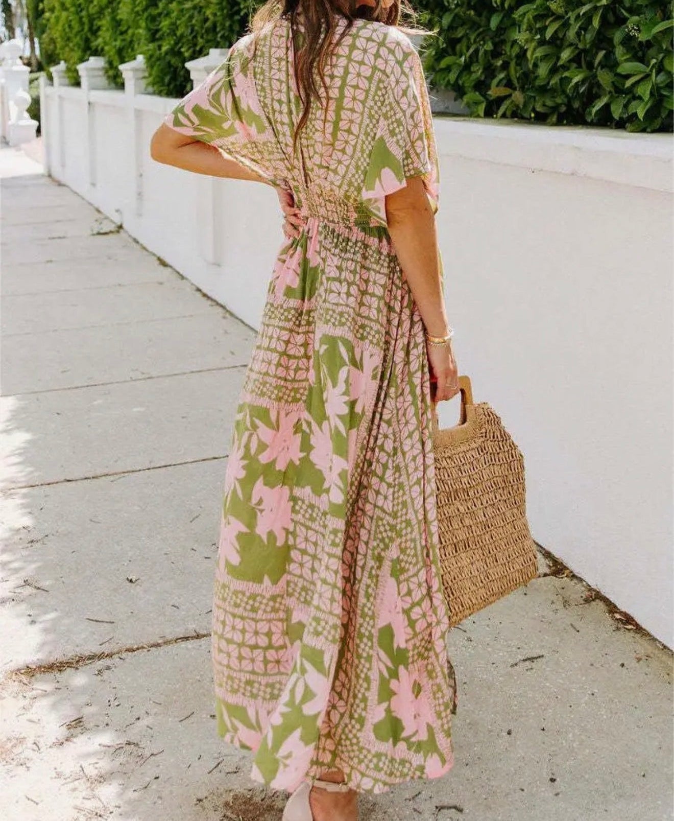 Colorful Green & Pink Floral V-Neck Maxi Dress
