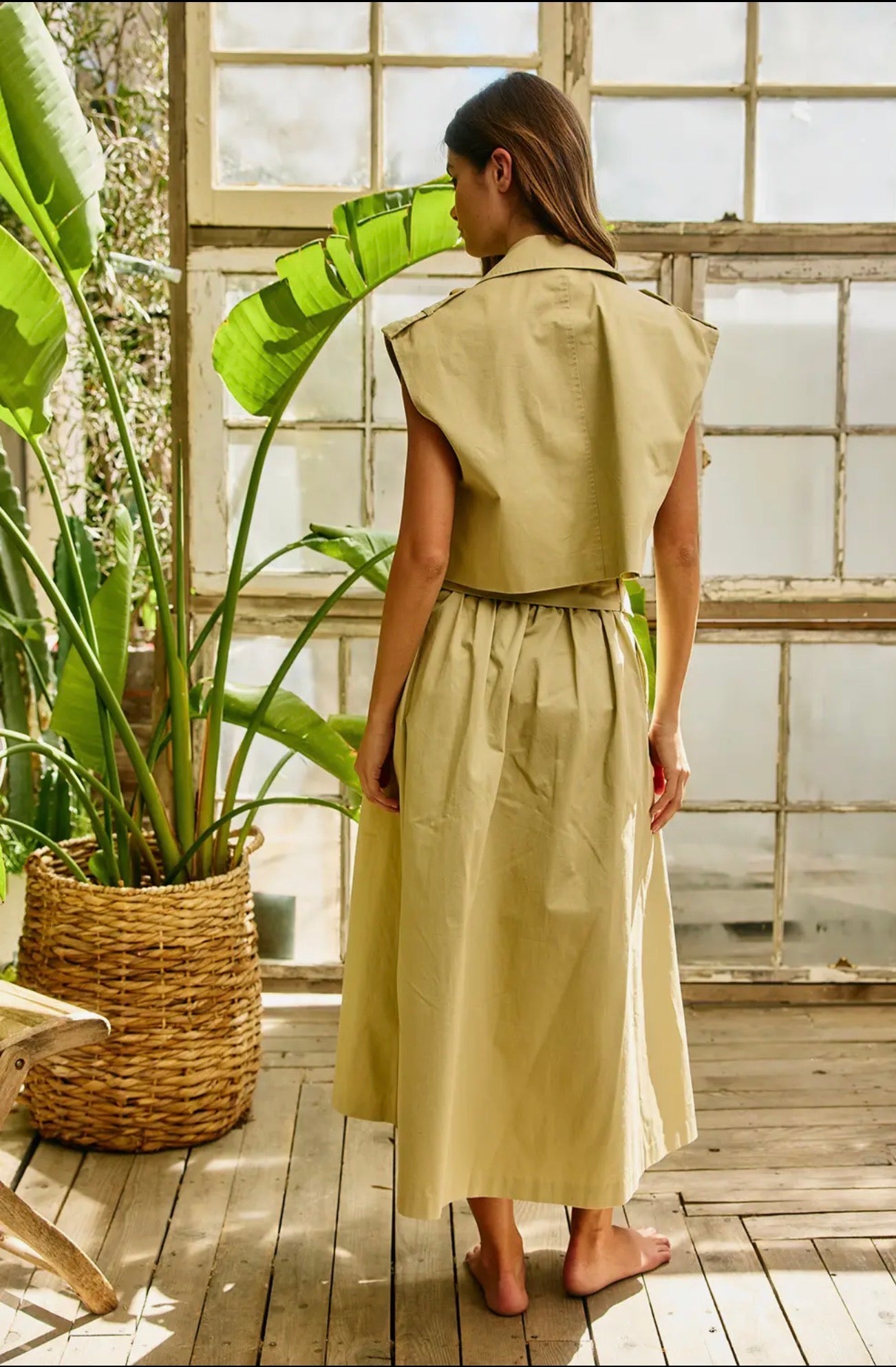 Khaki Belted Button Front Midi Skirt