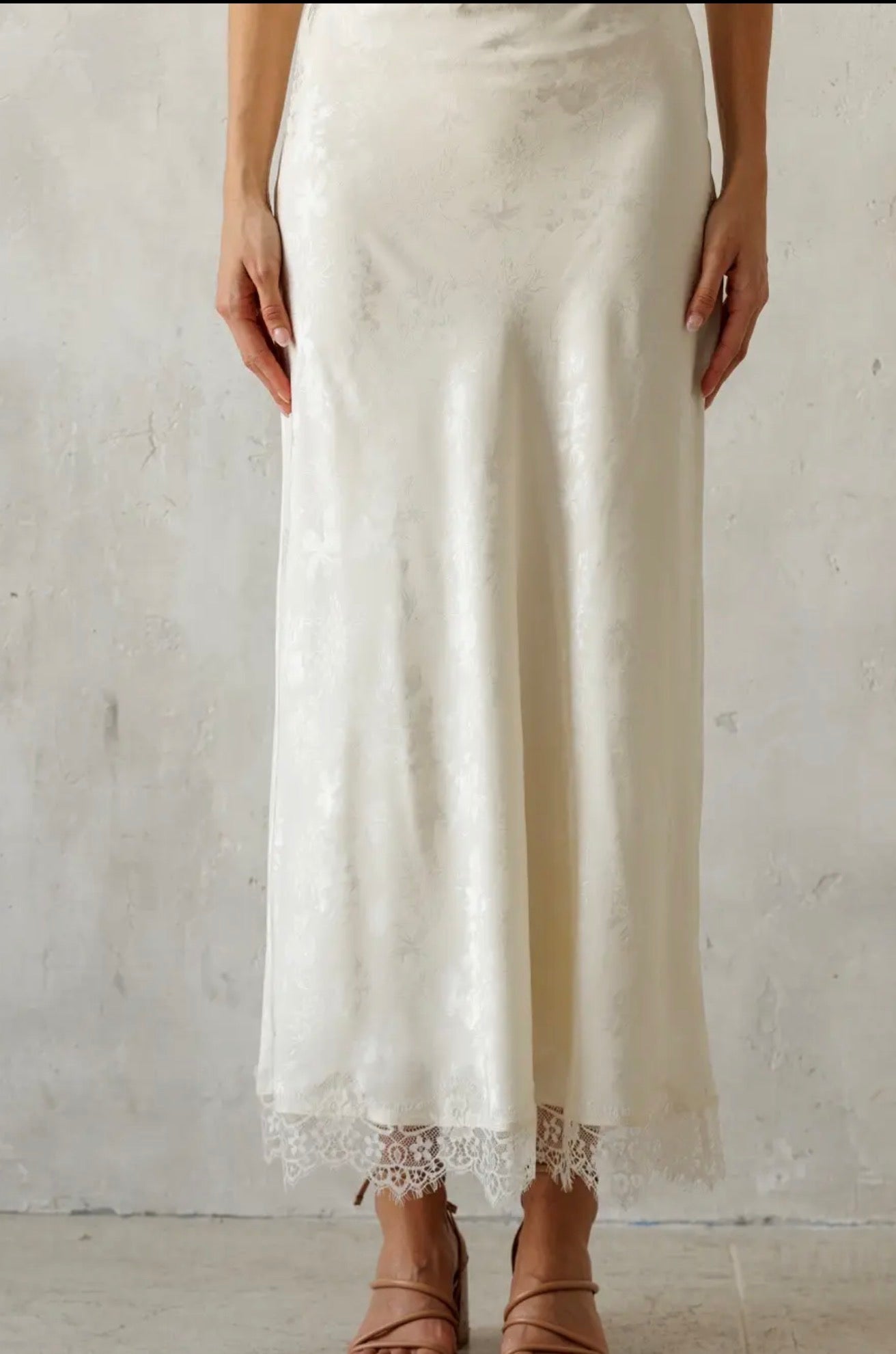 Ivory Satin Jacquard Lace-Trim Maxi Skirt