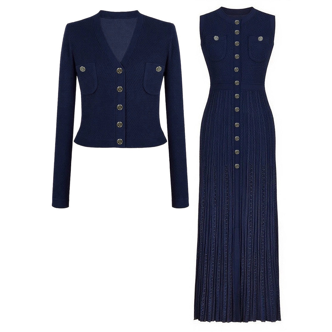 Knit Jacket & Crocheted Maxi Dress Set