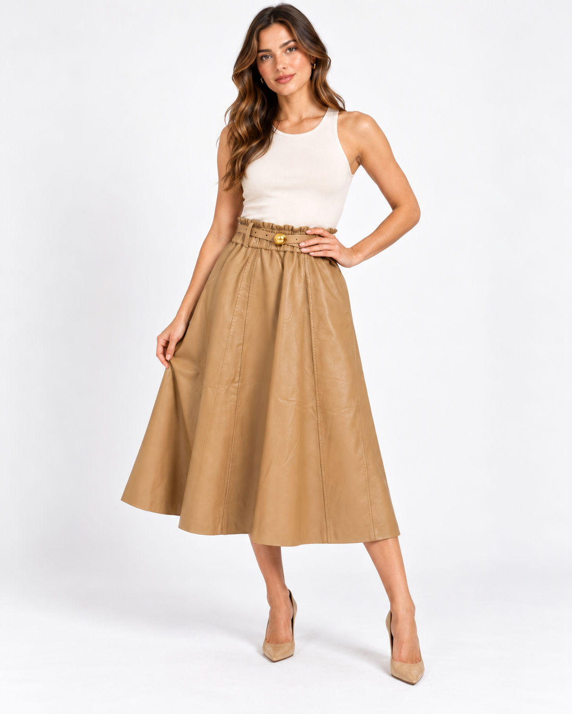 Camel leather Paperbag Midi Skirt