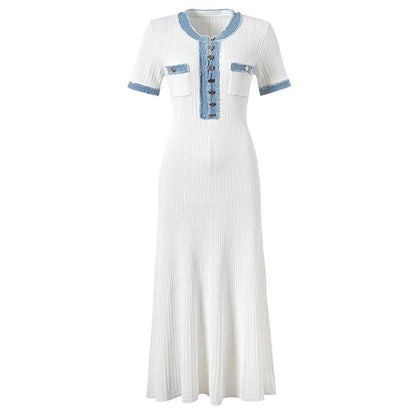 Short-Sleeved Knitted Dress with Denim Trim