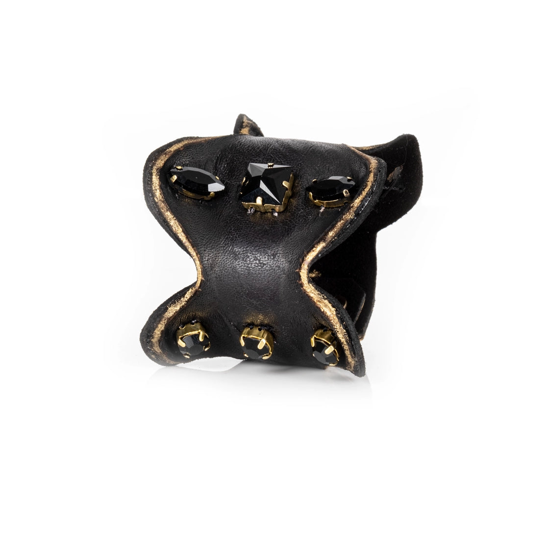 Obsidian Sculpt Leather Cuff Black Crystal Statement