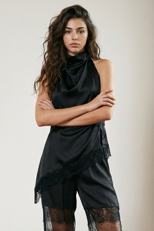 Cowlneck Satin Top with Hi-Low lace Hem