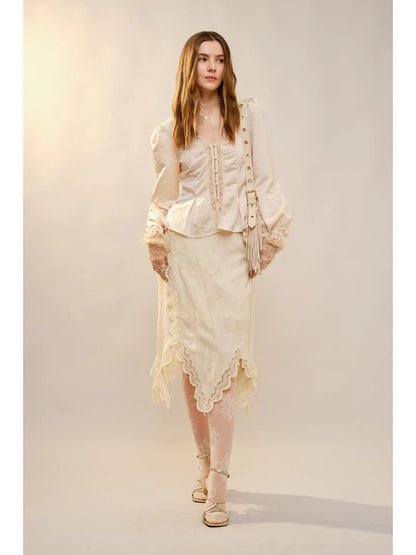 V Neck Lace Insert Puff Sleeve Blouse