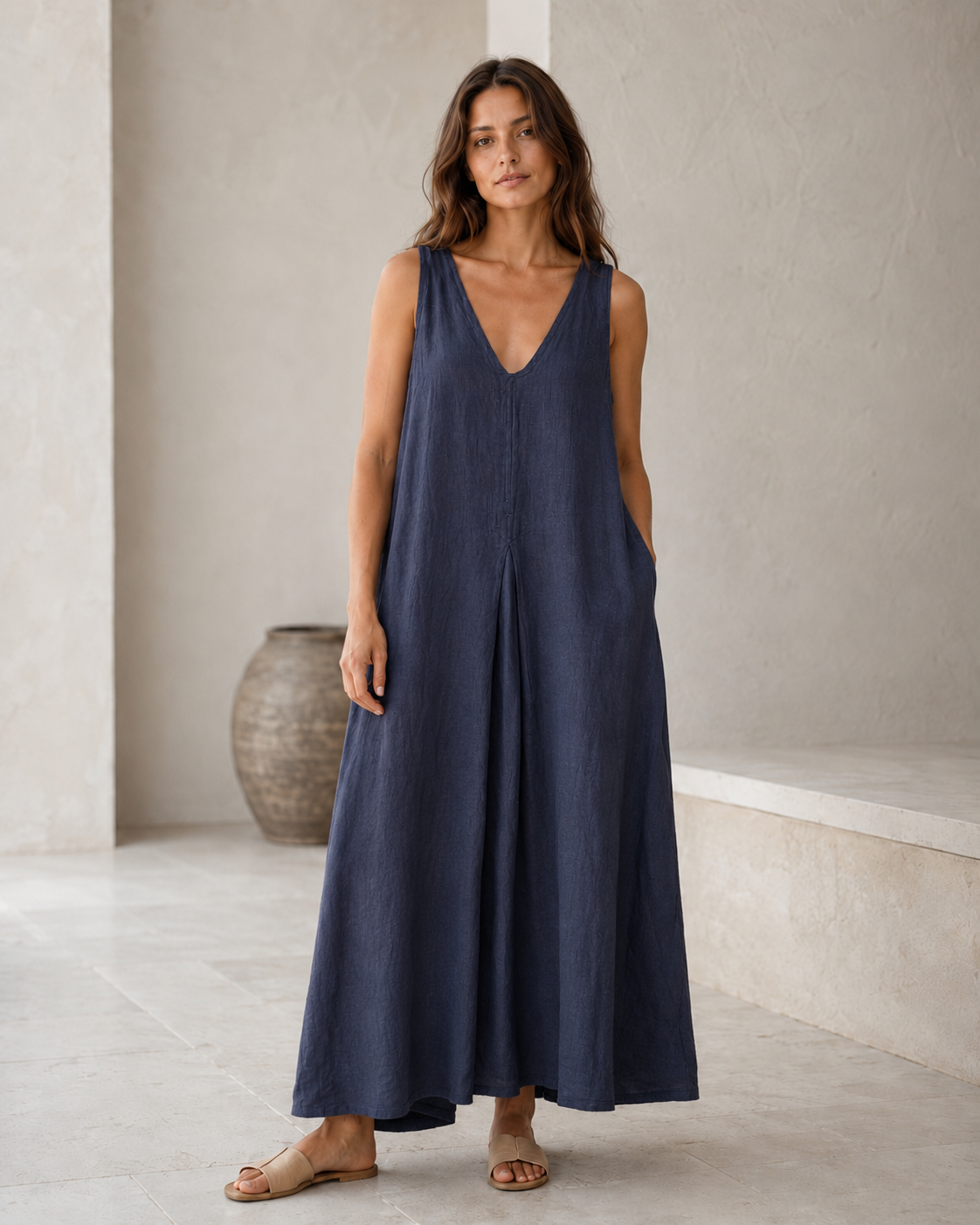 Navy Linen Maxi Dress