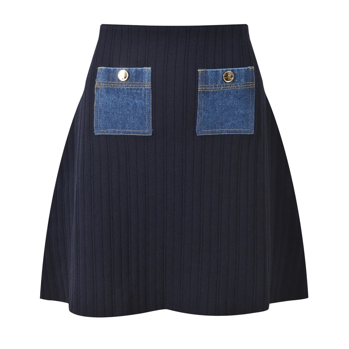 Navy Ribbed A-Line Mini Skirt with Denim Pockets