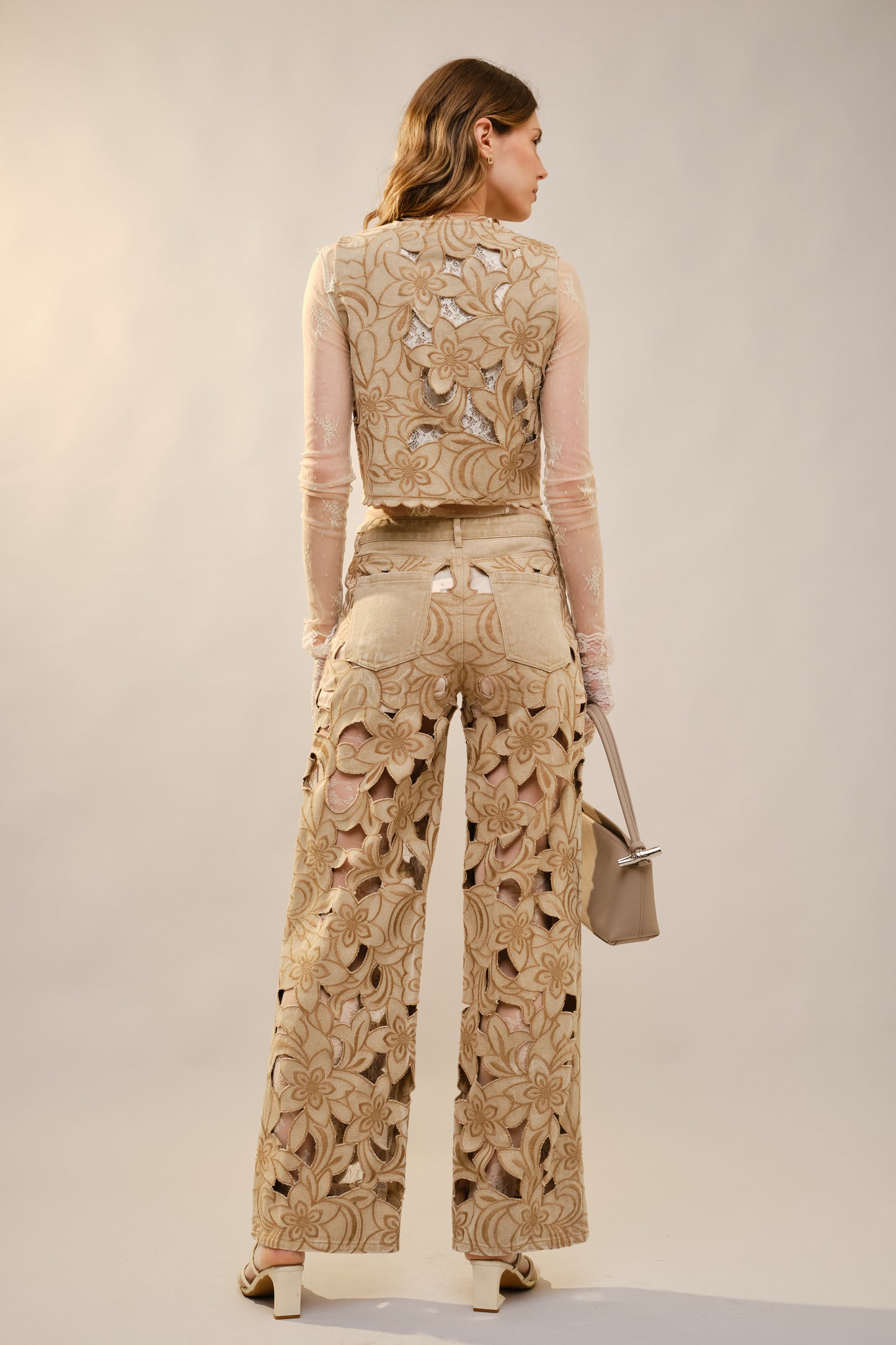 Floral Embroidered Lace-Up Denim Vest