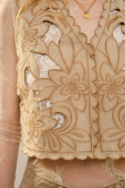 Floral Embroidered Lace-Up Denim Vest