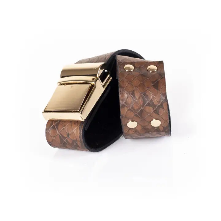 Wide Brown Snakeskin-Textured Leather Cuff Bracelet